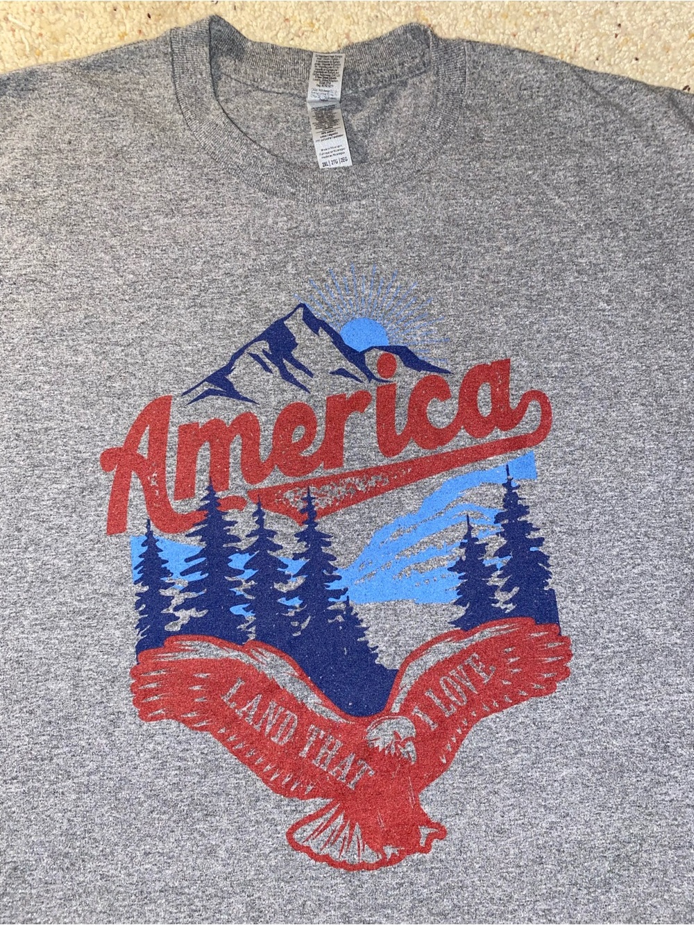 America Land That I Love Graphic Tee Adult 2XL Gray Hike Camping Eagle Mountains